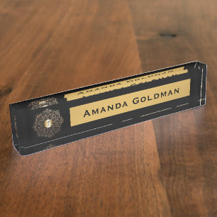 Placa De Nombre Caduceo del oro del negro del monograma de la