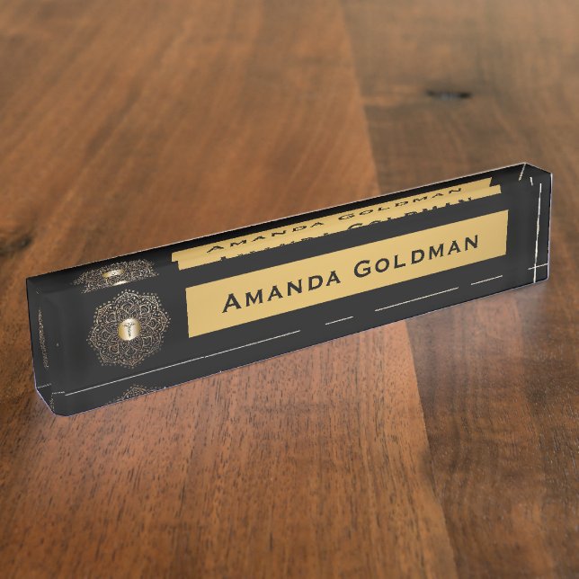 Placa De Nombre Caduceo del oro del negro del monograma de la (Lateral)