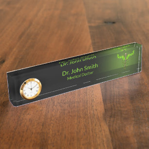 Placa De Nombre Caduceo Médico Alternativo Holístico Hoja Verde