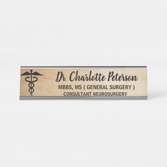 Placa De Nombre Caduceo Médicos de Madera (Anverso)