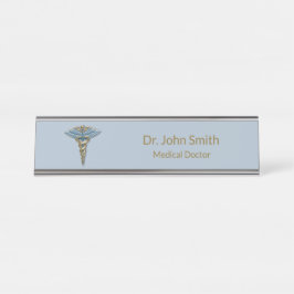 Placa De Nombre Caduceto de oro azul de luz fina médica profesiona