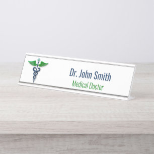Placa De Nombre Caduceus azul médico Alas verdes Cruz estilo