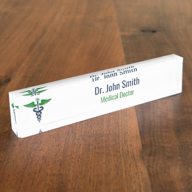 Placa De Nombre Caducto médico azul Cruz de alas elegantes verdes (Lateral)