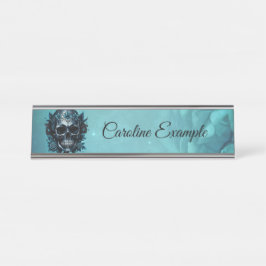 Placa De Nombre Calavera azul oscuro con rosas.
