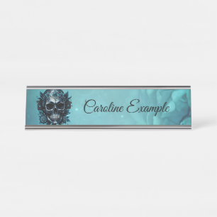 Placa De Nombre Calavera azul oscuro con rosas.