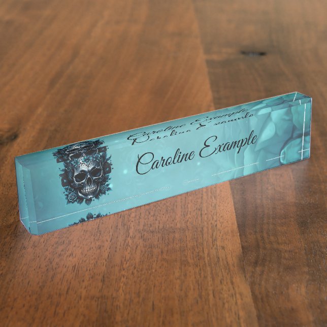 Placa De Nombre Calavera azul oscuro con rosas. (Lateral)