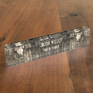 Placa De Nombre Calavera de toro occidental Vieja Sepia Rustic