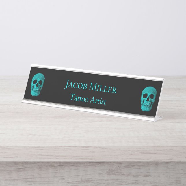Placa De Nombre Calavera gótica oscuro Verde azulado negro macabro (Anverso)