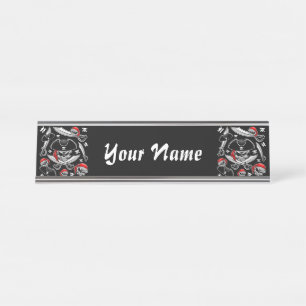 Placa De Nombre Calavera pirata con sabers cruzados
