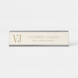 Placa De Nombre Cálida Linea Beige Ligera Con Tan Monograma