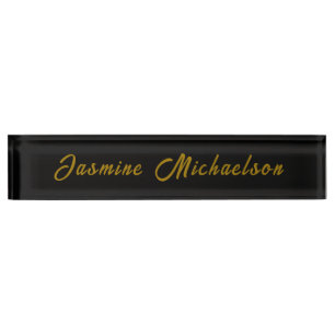 Placa De Nombre Caligrafía Negra y Dorada Minimalista Nombre Propi
