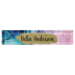 Placa De Nombre Celeste Etéreo Rosa Elegante Moderno Glam Tinta Te