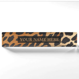 Placa De Nombre Cheetah Leopardo Glam Personalizado Negro y Marrón