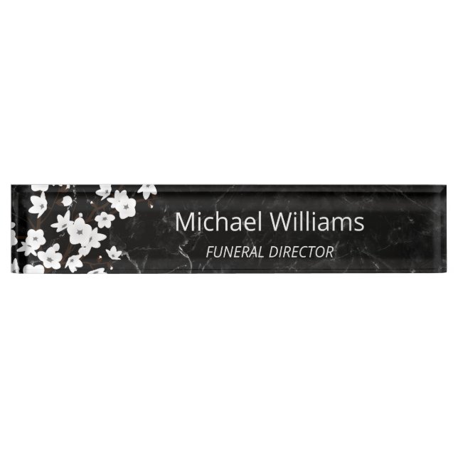Placa De Nombre Cherry Blossom White Black Marble Funicular Direct (Anverso)