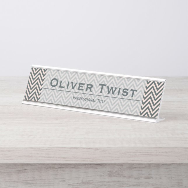 Placa De Nombre Chevron Grey Green and Cream Custom (Anverso)