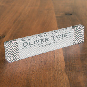 Placa De Nombre Chevron Gris Verde y Crema Personalizado