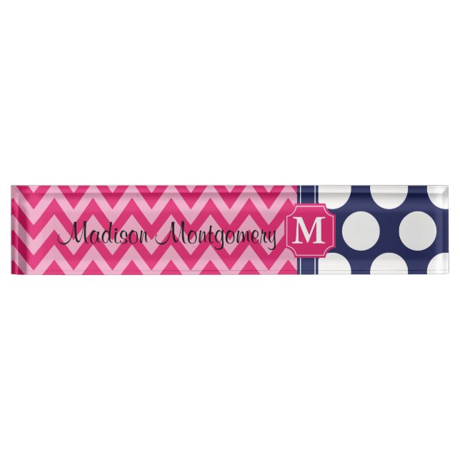 Placa De Nombre Chevron Zigzag Polka Dots Monograma (Anverso)
