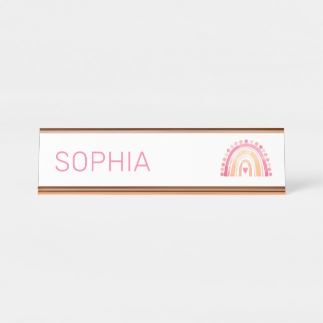 Placa De Nombre Chicas Boho acuarela Arcoiris en rosa personalizad (Anverso)