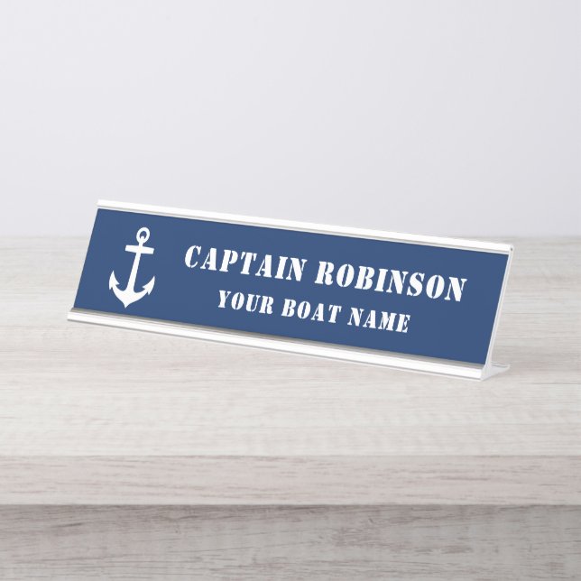 Placa De Nombre Clásico Ancla Su Capitán Título Bote Nombre Armada (Anverso)