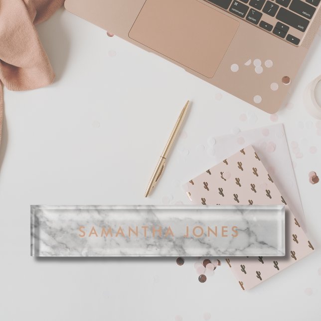 Placa De Nombre Clásico de mármol de Carrara blanca personalizado (Minimalist Modern White Marble Rose Gold Nameplate
)