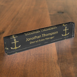 Placa De Nombre Clásico Nautical Two Gold Anchour sobre negro