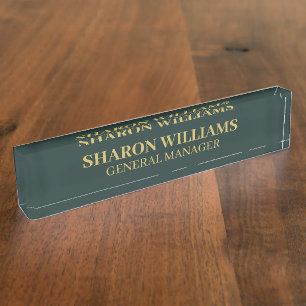 Placa De Nombre Clásico Profesional Dark Green & Gold Office Títul