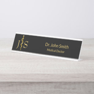 Placa De Nombre Clásico Rod de Oro Asclepio en Medicina Negra