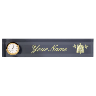 Placa De Nombre Classic Navy Blue Gold Floral Bell Custom 