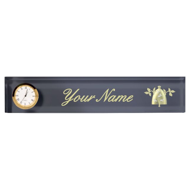 Placa De Nombre Classic Navy Blue Gold Floral Bell Custom  (Anverso)