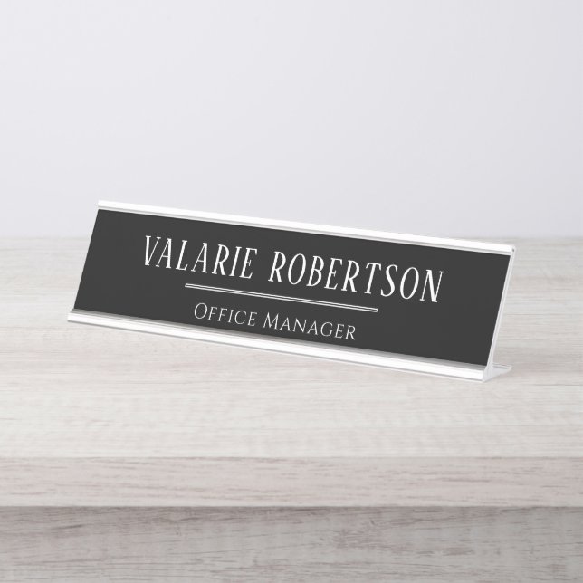 Placa De Nombre Classic White Text Black Background Office  (Anverso)