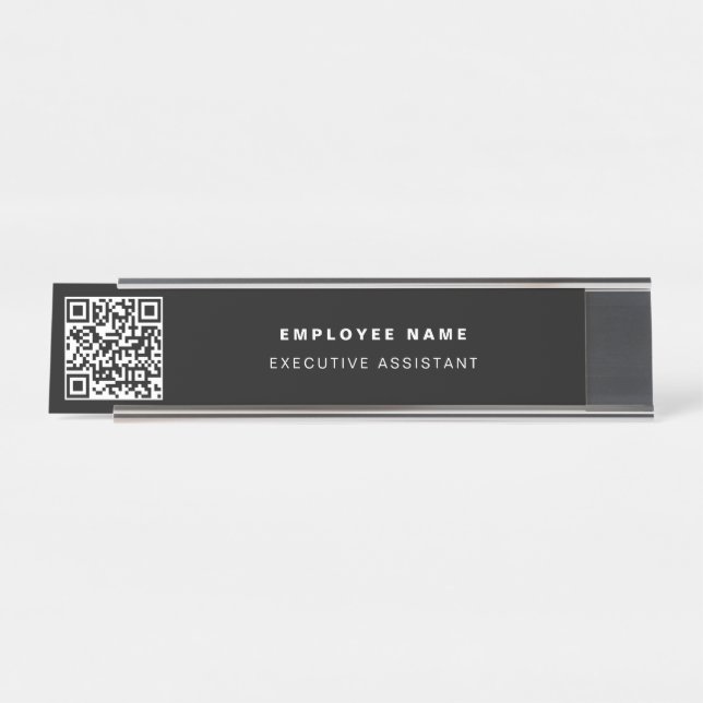Placa De Nombre Código QR Negra moderna Minimalista (Anverso)