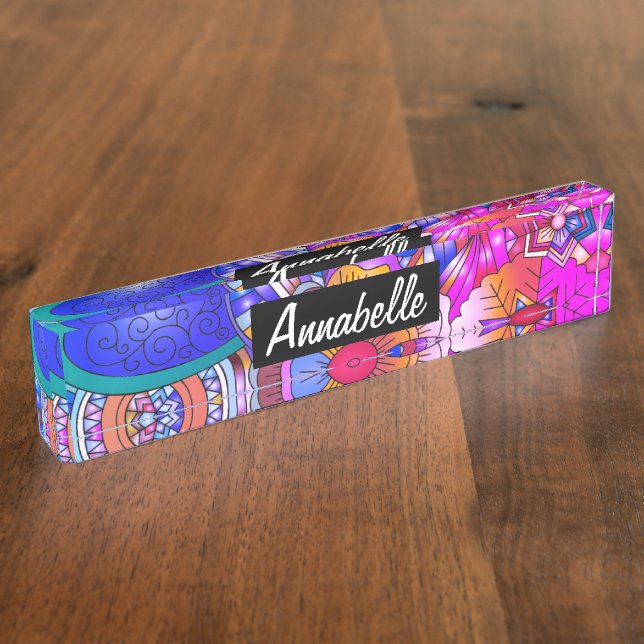 Placa De Nombre Colorful Hearts and Flowers Abstract Personalised (Lateral)