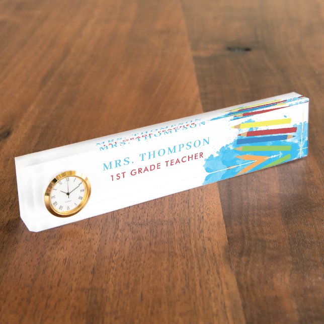 Placa De Nombre Coloridas lápices, profesor personalizado (Lateral)
