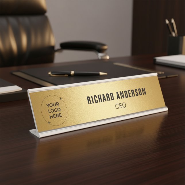 Placa De Nombre Company Logo Name Title Modern Gold Texture (Subido por el creador)