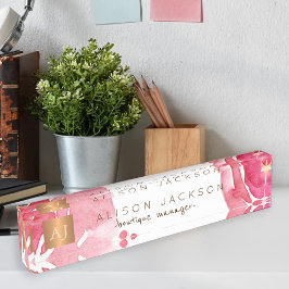 Placa De Nombre Copper dorado floral de color agua rosa monogramad