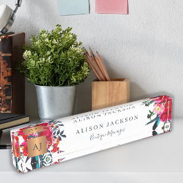 Placa De Nombre Copper dorado floral de color marino rojo monogram