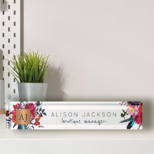 Placa De Nombre Copper dorado floral de color marino rojo monogram