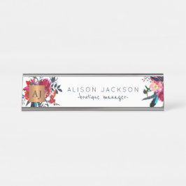 Placa De Nombre Copper dorado floral de color marino rojo monogram