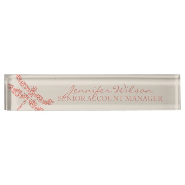 Placa De Nombre Coral Damask Dragonfly Boda (Anverso)