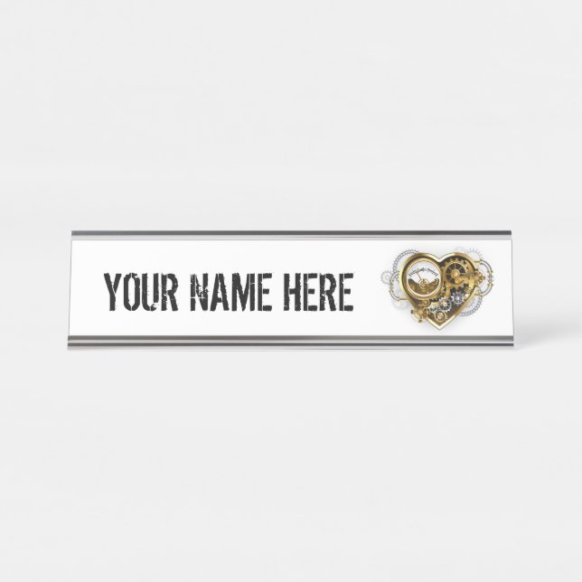 Placa De Nombre Corazón steampunk con manómetro (Anverso)