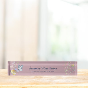 Placa De Nombre Cottage Core Floral Mariposa Rosa Malva Botánico