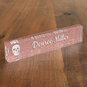 Placa De Nombre Cráneo gótico Rosa Oro Blanco Elegante Floral