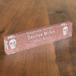 Placa De Nombre Cráneo gótico Rosa Oro Blanco Elegante Floral