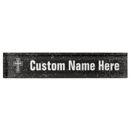 Placa De Nombre Cruz cristiana del tono plateado en chispa negra
