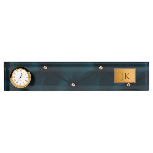 Placa De Nombre Cuero verde elegante, diamantes, monograma (Anverso)