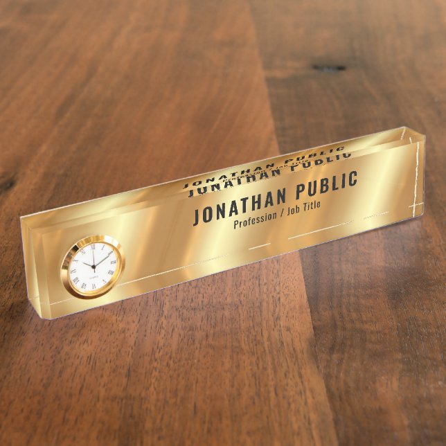 Placa De Nombre Custom Glamour Stylish Template Luxury Gold Clock (Lateral)