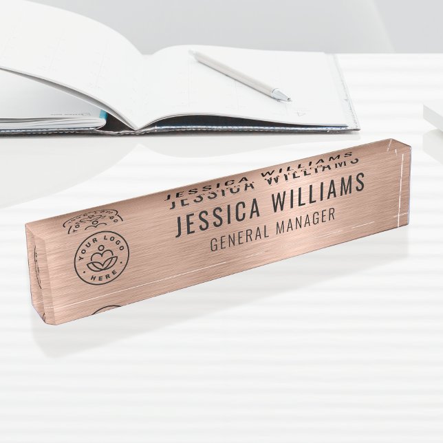 Placa De Nombre Custom Logo Employee Luxury Faux Brushed Rose Gold (Subido por el creador)