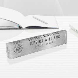 Placa De Nombre Custom Logo Employee Name Luxe Faux Brushed Silver