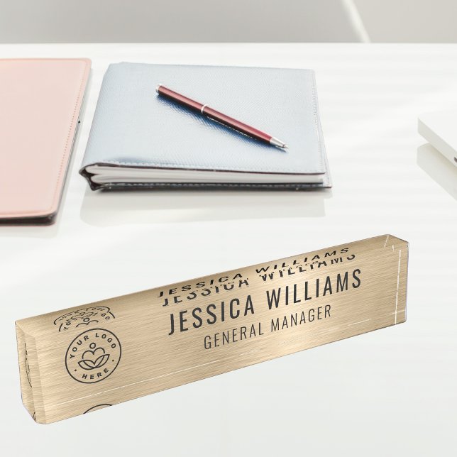 Placa De Nombre Custom Logo Employee Name Luxury Faux Brushed Gold (Subido por el creador)