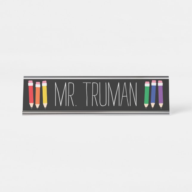 Placa De Nombre Cute Doodle Pencils Teacher Nombre Plate (Anverso)
